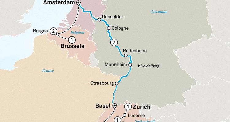 Mapa que muestra crucero por el Rin de Ámsterdam a Zúrich vía Basilea