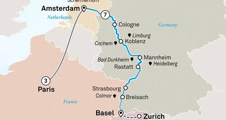 Mapa de crucero de Ámsterdam a Basilea con extensión a Zúrich y pre-estadía en París