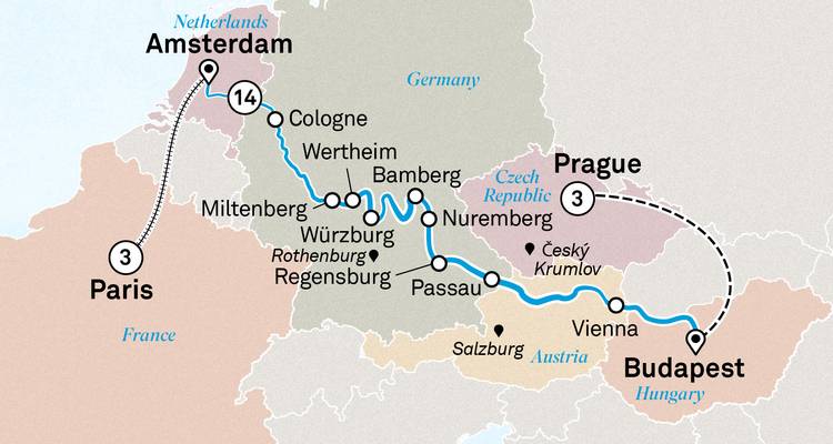 Carte montrant la croisière Amsterdam-Paris-Budapest avec option Prague et villes clés du Danube.
