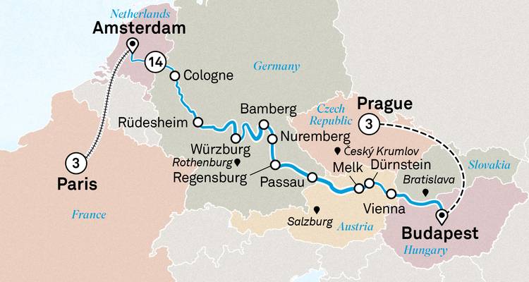 Mapa de itinerario alternativo del crucero París-Ámsterdam-Budapest con excursiones secundarias a Praga y Bratislava.