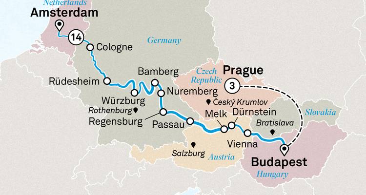 Kreuzfahrtkarten-Variante mit Prag-Umweg und Donaustädten von Amsterdam nach Budapest.