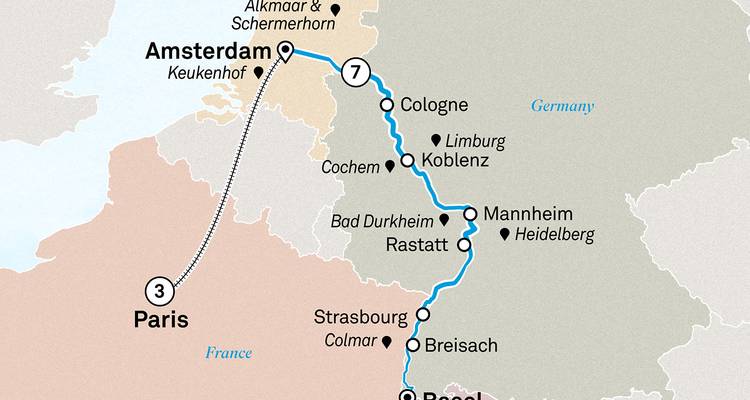 Mapa de crucero Ámsterdam-Basilea con destacados del Rin y pre-tour por París