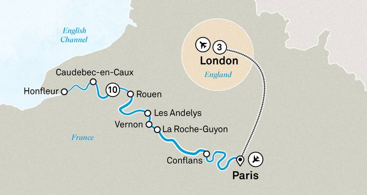 Carte d'itinéraire illustrée montrant les escales de croisière fluviale à Paris, Londres et en Normandie.
