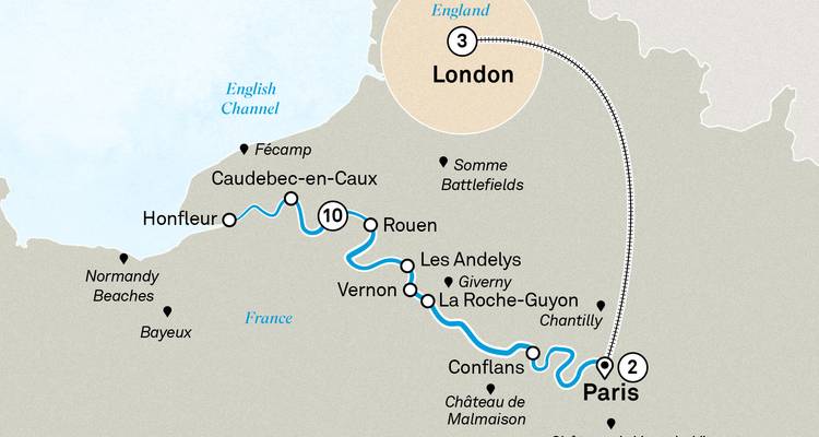 Carte d'itinéraire montrant une croisière de Paris aux plages de Normandie et retour avec extension optionnelle à Londres.