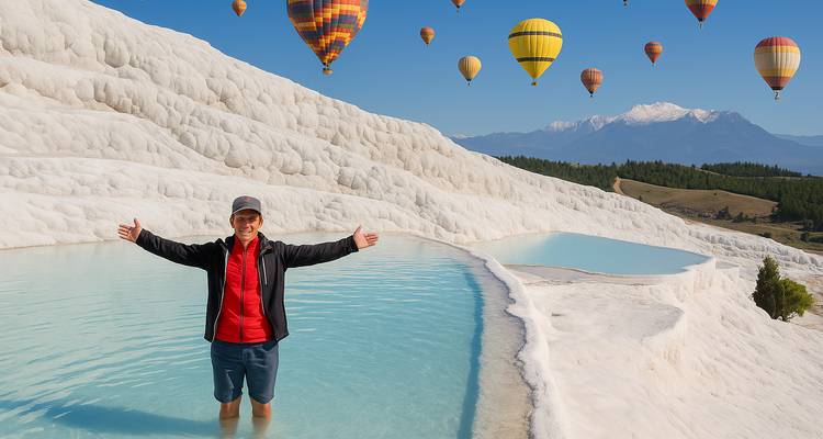 Tourist posing in Pamukkale's terraces with hot air balloons overhead.