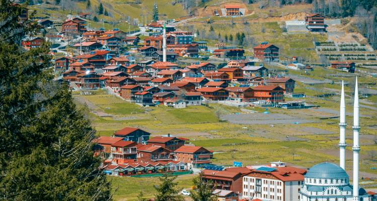 Charming hillside village with red-roofed houses.