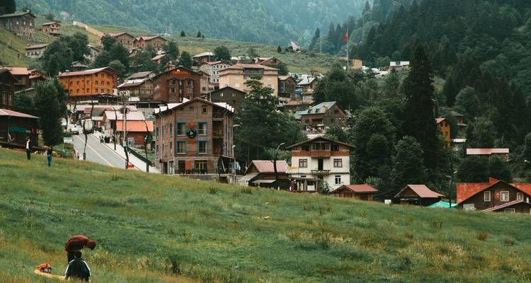 A village with wooden houses on a grassy hillside.