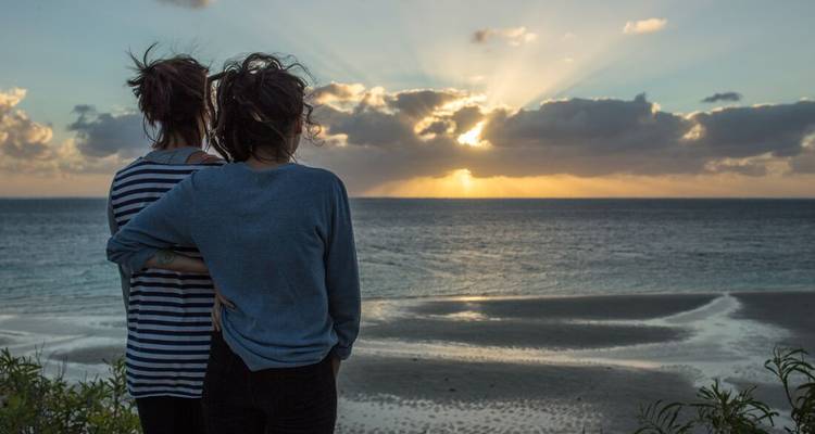 Deux personnes se sont enlacées en regardant un coucher de soleil magnifique sur l'océan.