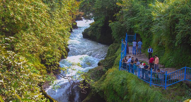Touristen stehen auf einer blauen Aussichtsplattform neben einem üppigen Waldwasserfall, der durch eine Schlucht rauscht.