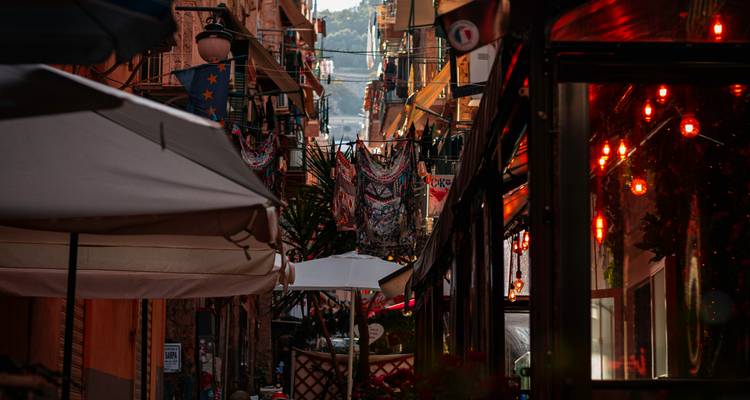 Narrow street in Naples with colorful lights and decorations.