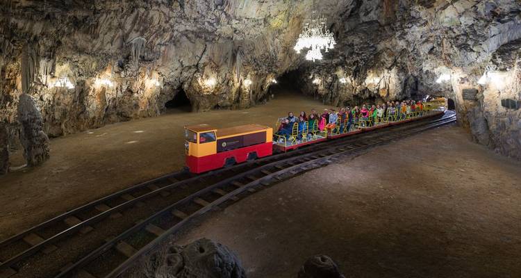 Un train touristique à l'intérieur d'une grande grotte.