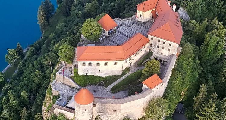 Vue aérienne du château de Bled entouré de verdure.