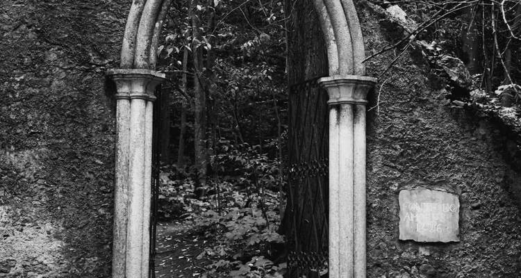 Verweerde stenen boogdoorgang die leidt naar een bospad.