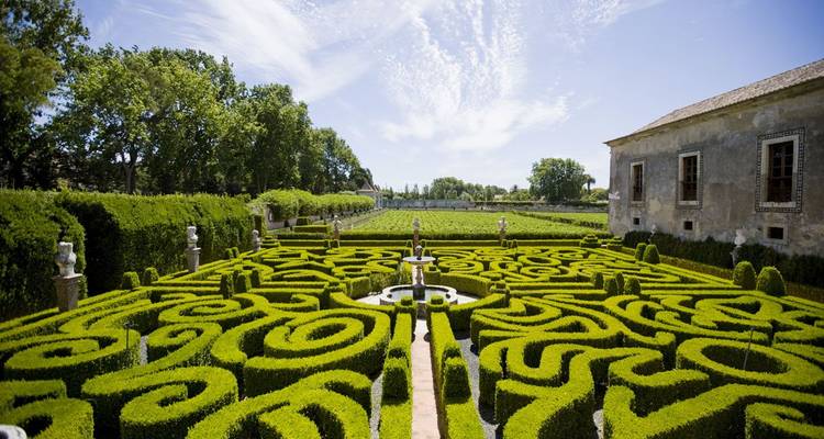 Intricate garden maze with a historic building in the background.