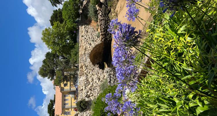 Stone bridge with flowers and a yellow house.