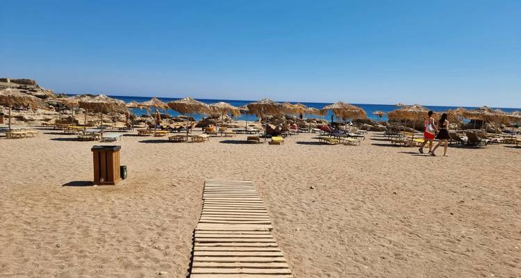 Playa de arena con sombrillas de paja y gente.
