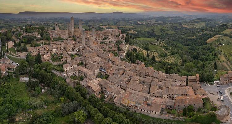 Panoramic view of the medieval town with towers and countryside.