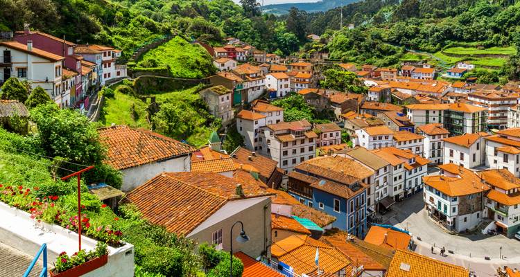 Cudillero with terracotta roofs and closely packed houses on a hill.