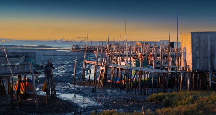 Zone portuaire rustique avec bateaux et horizon urbain.