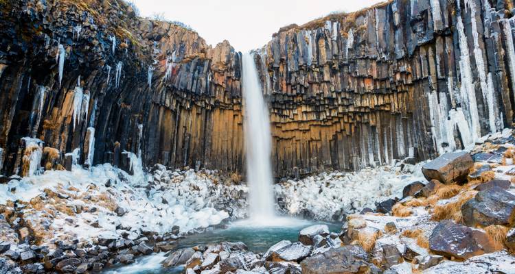 Waterfall surrounded by basalt columns and snow.