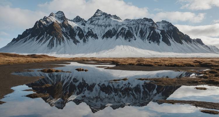 Mountain range reflected in water.