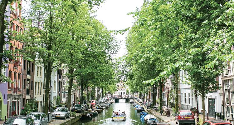 Lush tree-lined canal in Amsterdam with small boats and parked bicycles stretching into the distance
