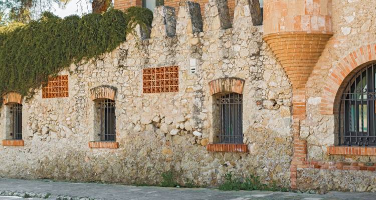 Stone wall with arches covered in greenery.