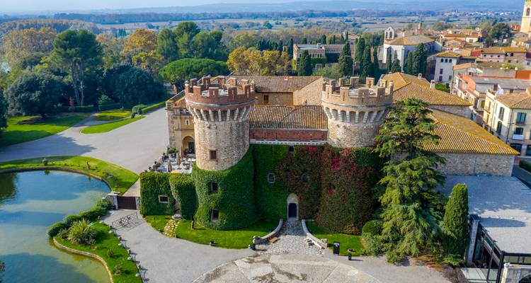 Medieval castle surrounded by gardens and trees.