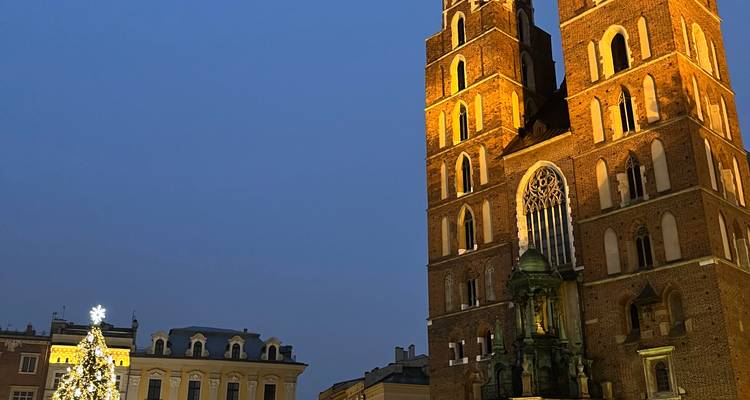 St. Mary's Basilica at twilight with a Christmas tree.
