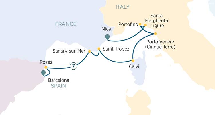 Mapa simplificado de itinerario de crucero que muestra la ruta a lo largo de la Riviera francesa e italiana con paradas en puertos.