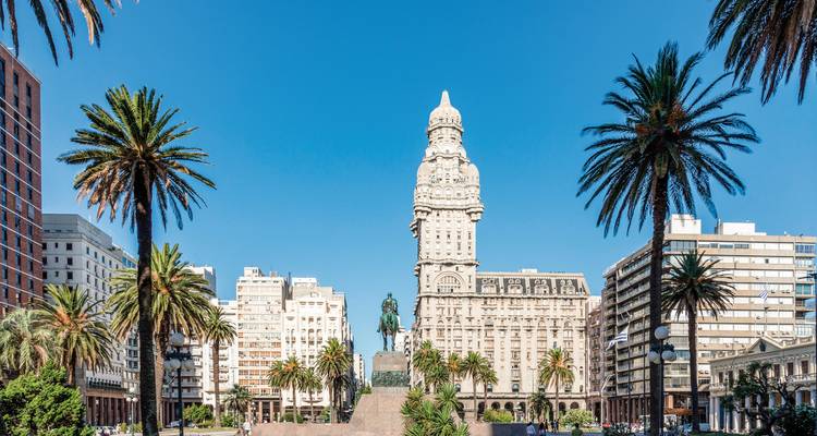 View of a historical building surrounded by palm trees in the city center.