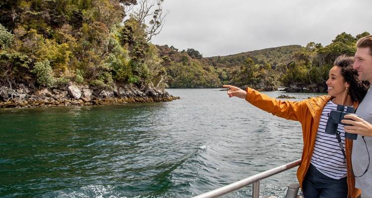 Un couple pointant vers la vue panoramique depuis un bateau dans une voie navigable luxuriante et verte de Nouvelle-Zélande.