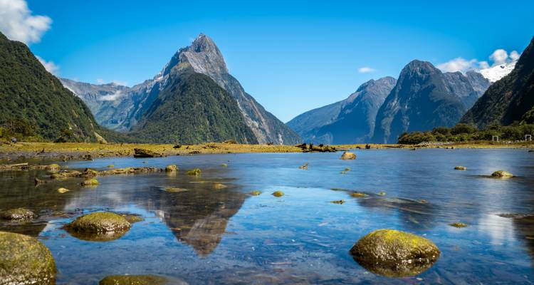 Reflet des montagnes dans l'eau claire de Milford Sound.