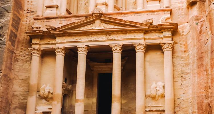 The iconic facade of Petra with detailed carvings.