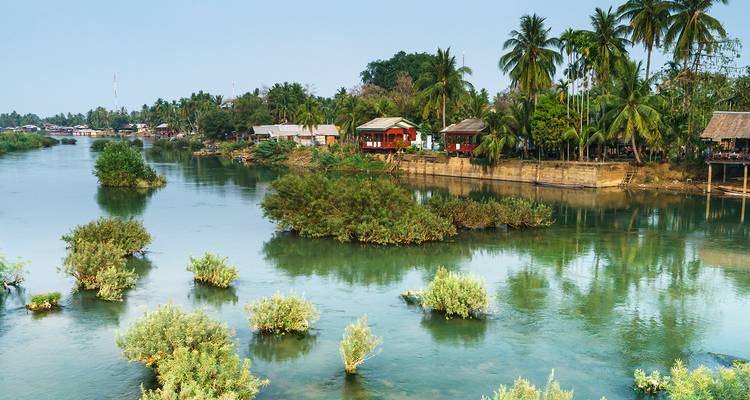 Scène de bord de rivière avec maisons et végétation.
