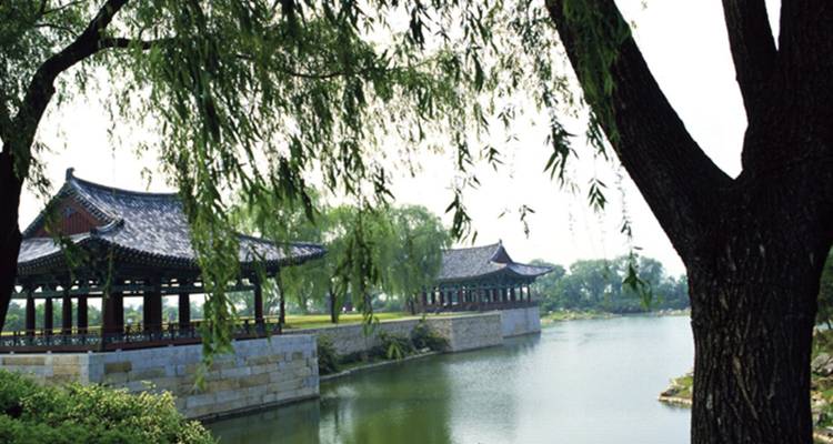Ruhiger Pavillon und Weidenbäume, die sich in einem ruhigen Teich an einem historischen koreanischen Ort spiegeln.
