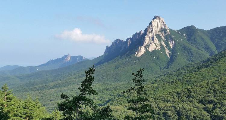 Ruige granieten pieken en weelderige beboste hellingen van het Seoraksan Nationaal Park onder een heldere hemel