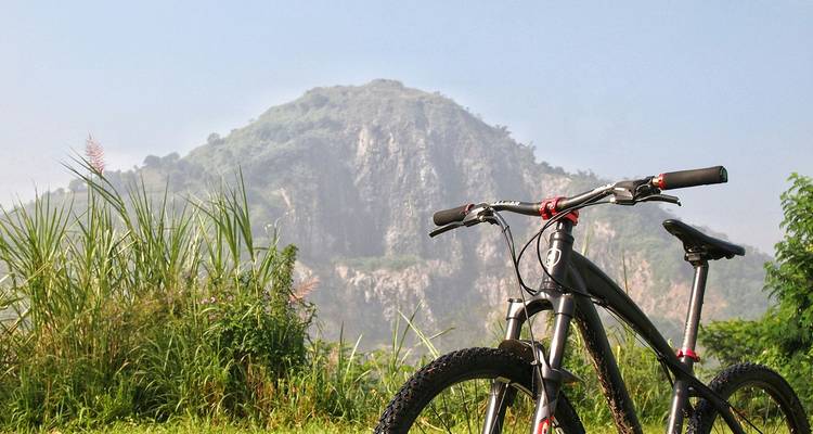 Een mountainbike leunt tegen hoog gras met een rotsachtige heuvel die in de mistige achtergrond oprijst.
