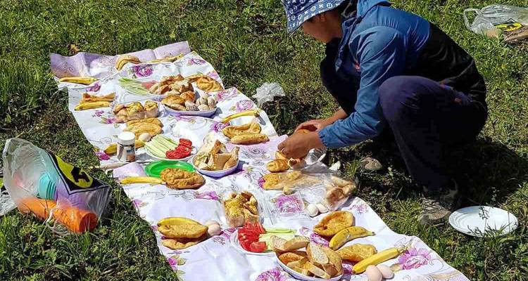 Une personne préparant de la nourriture sur une installation de pique-nique en plein air.