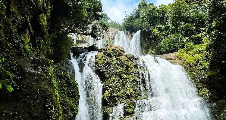 Belle et haute cascade entourée d'une végétation luxuriante.