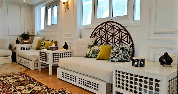 Interior lounge area on a ship with decorative elements.