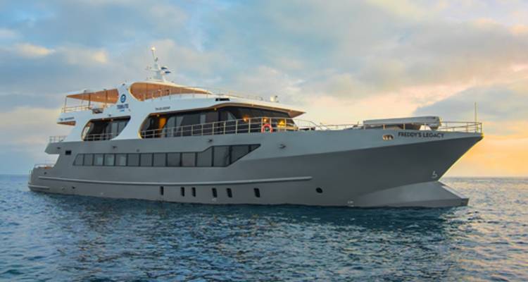Yacht d'expédition gris moderne nommé 'FREDDY'S LEGACY' naviguant sur des mers bleues calmes sous un ciel de soirée pastel.