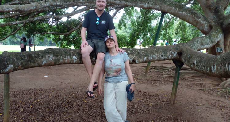 Couple posant sur une grosse branche d'arbre.