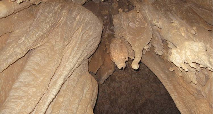 Vista de cerca del techo texturizado de la cueva con estalactitas marrones y formaciones de piedra fluida.