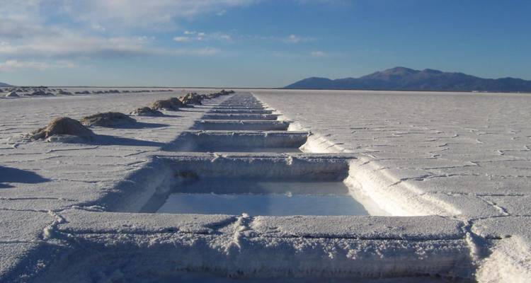 Endless white salt flats with rectangular pools leading to distant mountains beneath a blue sky.