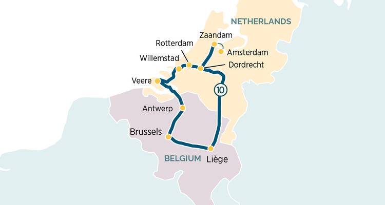 Carte de croisière des Pays-Bas en boucle depuis Amsterdam via Bruxelles et Anvers en passant par la Zélande au retour