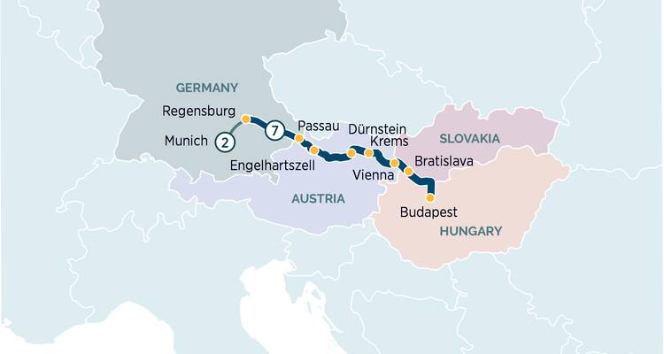 Map showing a travel route from Germany to Hungary.