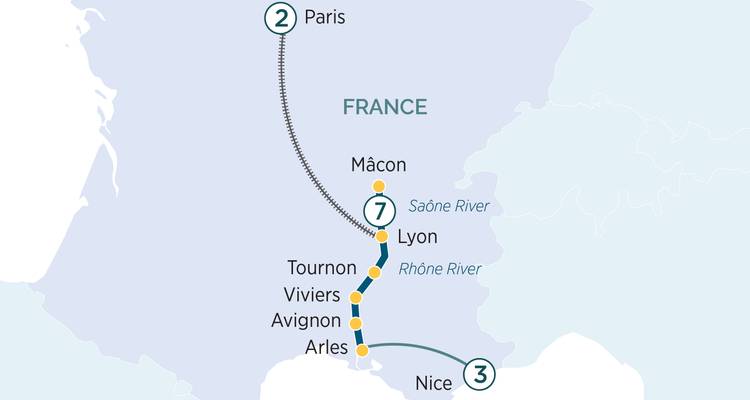 Mapa de itinerario fluvial de Francia que conecta París con Niza a través de Lyon, Aviñón y Arlés por los ríos Ródano y Saona.