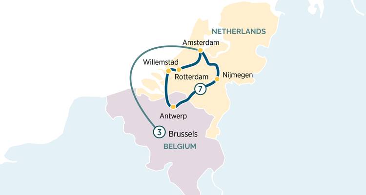 Carte en boucle d'une croisière néerlandaise et belge couvrant Bruxelles, Anvers, Rotterdam et Amsterdam.