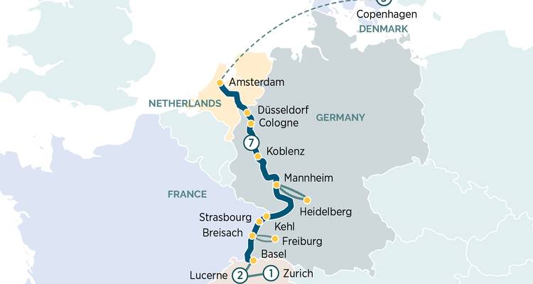 Mapa de crucero de Copenhague a Zúrich vía Ámsterdam y valle del Rin.